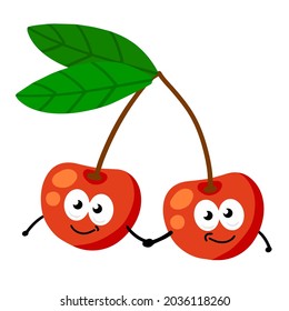 Kirschcharakter. Frische Maskottchen mit Gesicht und Augen. Rote Beere mit Zweig und Blatt. Süßes, frisches Essen. Flachkartoon