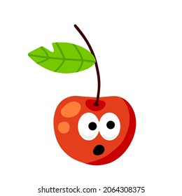 Carácter cereza. Una mascota linda con la cara y los ojos. Berry roja con ramita y hoja. Comida dulce y fresca. Dibujo plano