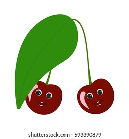 Cherry character. Funny doodle cartoon berry. Isolated on white background. Flat vector stock illustration