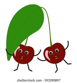 Cherry character. Funny doodle cartoon berry. Isolated on white background. Flat vector stock illustration