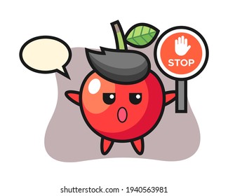 Cherry character illustration holding a stop sign