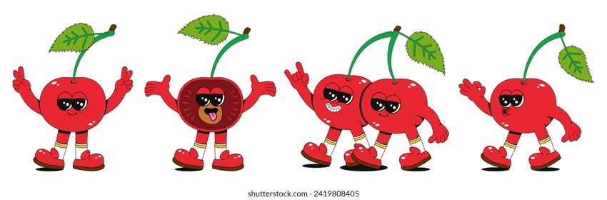Cherry character in retro cartoon style. Vector set of cherry mascots with different emotions, arms and legs. Cute 70s aesthetic stickers.