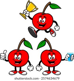 Cherry Character Set, Hand Drawn Vector illustrations, Isolated On Transparent Background