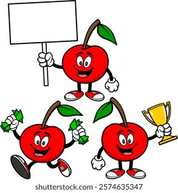 Cherry Character Set, Hand Drawn Vector illustrations, Isolated On Transparent Background