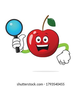 Cherry character smiles holding a magnifying glass with a white background - vector
