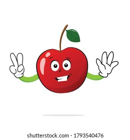 The Cherry character smiles with two fingers up on the white background - vector
