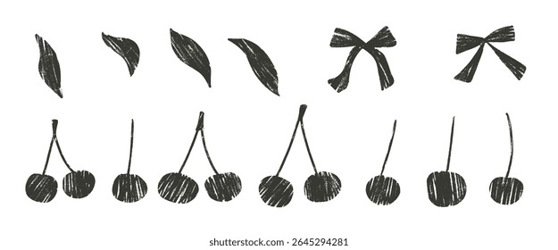 Cherry charcoal drawn set. Berries with bows and leaves doodle isolated on white background. Fruits grunge textured elements. Vector kid naive illustration by pencil.