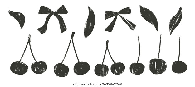 Cherry charcoal drawn set. Coquette berries with bows and leaves doodle isolated on white background. Fruits grunge grit textured elements. Vector naive illustration by pencil or ink marker.