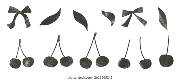 Cherry charcoal drawn silhouette set. Coquette linocut berries with ribbons and leaves doodle isolated on white background. Fruits grunge textured elements. Vector naive illustration by pencil or ink.