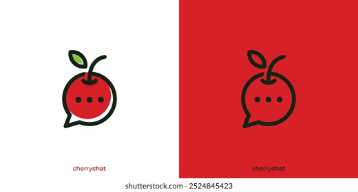 Cherry-Chat-Logo. Cherry Fruit and Bubble Chat mit minimalistischem Stil. Sweet Talk Logo, Symbol, Symbol, Vektorgrafik, Design-Inspiration.