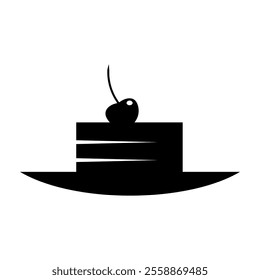Cherry cheesecake icon in flat style. Cake slice symbol in black. Simple cake slice with cherry icon isolated on white background. Vector illustration for graphic design, Web, UI, mobile app