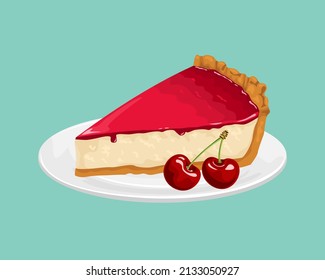 Cherry cheesecake on white plate isolated. Vector illustration of sweet berry cake in cartoon flat style. Dairy dessert.