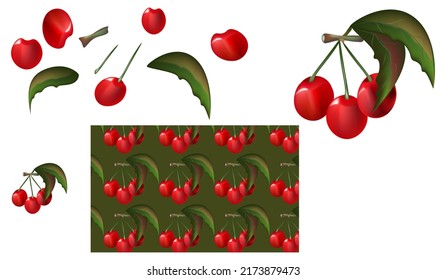 cherry cherries. a set of cherries and leaves, fruit seamless pattern, isolated on a white background.vector illustration.print for your knitwear design, wallpaper,poster on the wall.