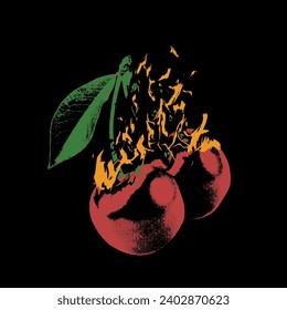 Cherry Cherrys Fruit Burn Fire Nature Distressed Halftone Vintage Retro Fresh Plant 