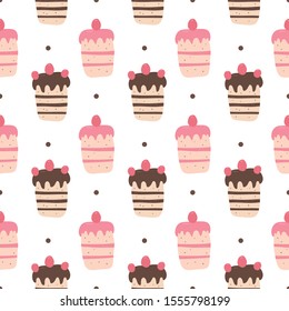 Cherry and chocolate and cake with strawberry seamless pattern background, cute hand drawn cupcake vector illustration