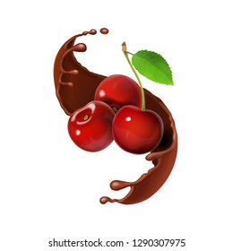 Cherry in chocolate melted splash realistic vector icon