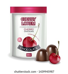 Cherry chocolate Vector realistic mock up. Chocolate splash background. Product placement label design. 3d illustration