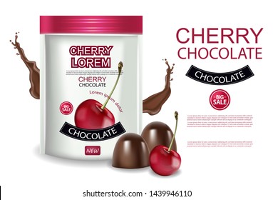 Cherry chocolate Vector realistic mock up. Chocolate splash background. Product placement label design. 3d illustration