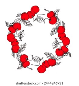 Marco de círculo de cereza. Borde de línea redonda dibujado a mano, hojas y flores, invitación de boda y tarjetas, diseño de logotipo y Plantilla de carteles. Elegante estilo minimalista Vector floral aislado 