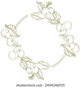 Cherry circle frame. Hand drawn round line border, leaves and flowers, wedding invitation and cards, logo design and posters template. Elegant minimal style floral vector isolated 