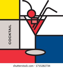 Cherry cocktail in Martini glass, , garnish with cherry. Modern style art with rectangular color blocks. Piet Mondrian style pattern.