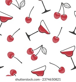 Cherry cocktail seamless pattern. Sweet vector berry drink background. Cocktail party illustration