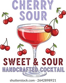 Cherry Cocktail T shirt Design. Negroni cocktail Vintage vector with ice and slice of orange for cocktail bar or Cherry drink summer party.