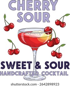 Cherry Cocktail T shirt Design. Negroni cocktail Vintage vector with ice and slice of orange for cocktail bar or Cherry drink summer party.