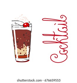 Cherry cola cocktail. Hand drawing color illustration