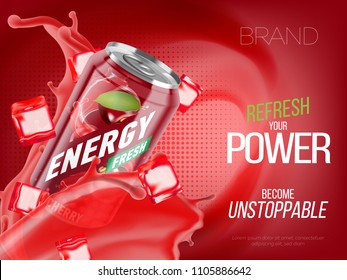 Cherry cold energy drink in metal can with ice and juice splash advertising banner, soda water branding ready mockup high quality 3d vector realistic illustration