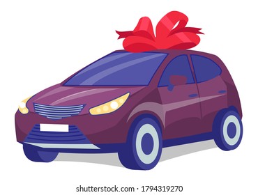 Cherry color car on white background. Business sedan with red gift bow-knot. Automobile front view. Vehicle with tinted windows. Convenient mean of transportation