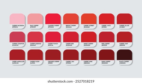 Paleta de cores de cereja, Paleta do guia de cores de cereja com nomes de cores. Catálogo Amostras de vermelho com códigos RGB HEX. pintura, variações naturais de cereja, moda tendência Cherry Red cor Tom. Cerejas tons vermelhos