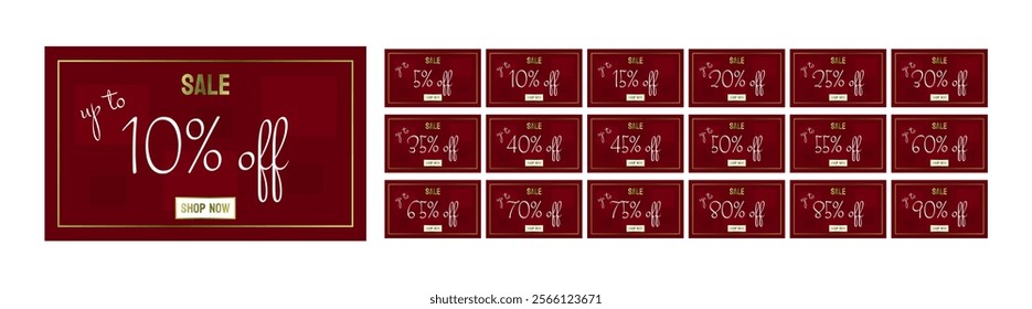 Cherry colored card with gold details and discount percentages of up to 5, 10, 15, 20, 25, 30, 35, 40, 45, 50, 55, 60, 65, 70, 75, 80, 85, 90.