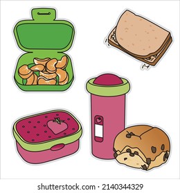 Cherry colored lunch box and drinking cup with lid, currant bun, container with mandarin and bread.