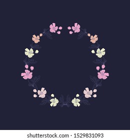 Cherry colorful flowers with branches. Floral wreath on violet background. Suitable for card, invitation, wedding.