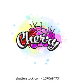 Cherry colorful label sign. Vector drawing for advertising. Fresh design of colorful fruits made in watercolor style. Modern illustration on white background.