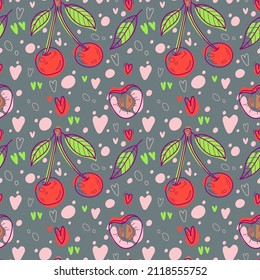 Cherry colorful seamless pattern. Hand drawn doodle background for kitchen wallpaper, textile, fabric, menu design isolated on grey background.