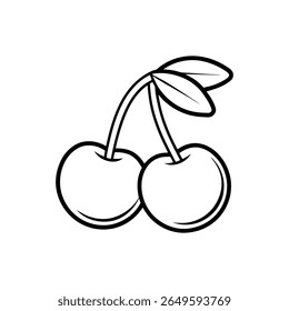 Cherry coloring book page featuring a pair of cherries on a stem Line Art Vector Illustration
