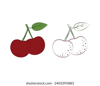 Cherry coloring book. Ripe red cherries. Ripe red berry. An image of a cherry for a children s coloring book. Vector illustration on a white background