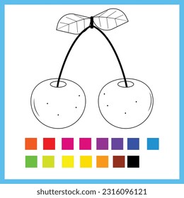 Cherry Coloring Page Vector Illustration. Tropical Fruit Coloring Page For Coloring Book For Kids
