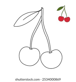 Cherry coloring pages for kids. Trace and color cherry. Cherry line art for coloring books isolated on white background vector. Kindergarten and preschool worksheets printable for kids. 