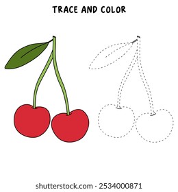 Cherry coloring pages for kids. Trace and color cherry. Cherry line art for coloring books isolated on white background vector. Kindergarten and preschool worksheets printable for kids. 