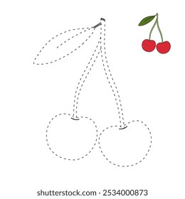 Cherry coloring pages for kids. Trace and color cherry. Cherry line art for coloring books isolated on white background vector. Kindergarten and preschool worksheets printable for kids. 