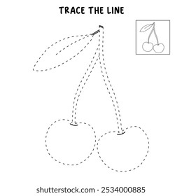 Cherry coloring pages for kids. Trace and color cherry. Cherry line art for coloring books isolated on white background vector. Kindergarten and preschool worksheets printable for kids. 