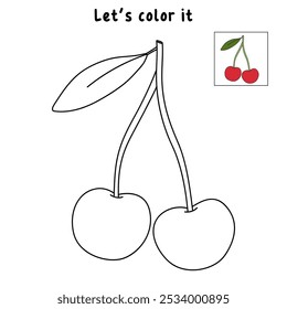 Cherry coloring pages for kids. Trace and color cherry. Cherry line art for coloring books isolated on white background vector. Kindergarten and preschool worksheets printable for kids. 