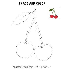 Cherry coloring pages for kids. Trace and color cherry. Cherry line art for coloring books isolated on white background vector. Kindergarten and preschool worksheets printable for kids. 