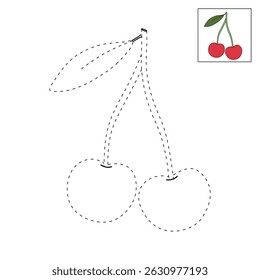 Cherry coloring pages for kids. Trace and color Cherry. Cherry fruit flashcard for kids vector illustration. Letters C is for Cherry. Fun fruit worksheets printable for kids activity.