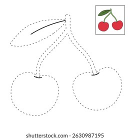 Cherry coloring pages for kids. Trace and color Cherry. Cherry fruit flashcard for kids vector illustration. Letters C is for Cherry. Fun fruit worksheets printable for kids activity.