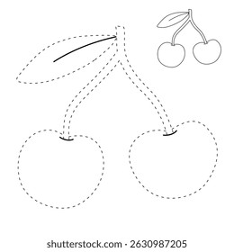 Cherry coloring pages for kids. Trace and color Cherry. Cherry fruit flashcard for kids vector illustration. Letters C is for Cherry. Fun fruit worksheets printable for kids activity.