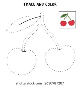 Cherry coloring pages for kids. Trace and color Cherry. Cherry fruit flashcard for kids vector illustration. Letters C is for Cherry. Fun fruit worksheets printable for kids activity.
